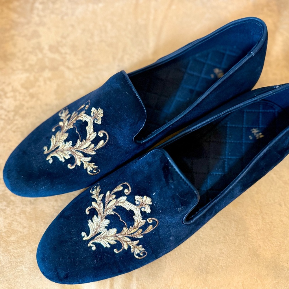 Blue Velvet Loafers with Gold Embroidery